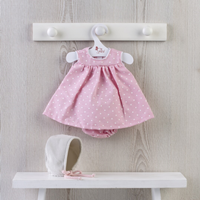Vestido 36cm rosa pintas y capota gris